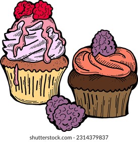 Sweet tasty dessert cupcake with cream and deco for morning breakfast in café or restaurant. Mini birthday cake for pleasure. Hand drawn retro vintage colorful vector illustration. Old style drawing.