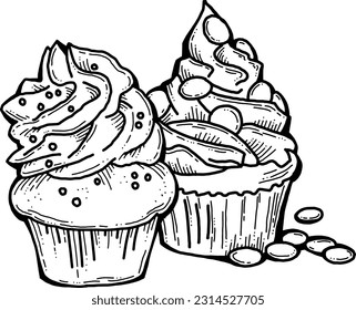 Sweet tasty dessert cupcake with cream and deco for morning breakfast in café or restaurant. Mini birthday cake for pleasure. Hand drawn retro vintage colorful vector illustration. Old style drawing.