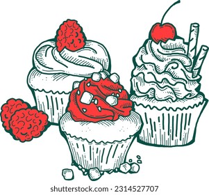 Sweet tasty dessert cupcake with cream and deco for morning breakfast in café or restaurant. Mini birthday cake for pleasure. Hand drawn retro vintage colorful vector illustration. Old style drawing.