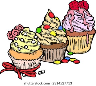 Sweet tasty dessert cupcake with cream and deco for morning breakfast in café or restaurant. Mini birthday cake for pleasure. Hand drawn retro vintage colorful vector illustration. Old style drawing.