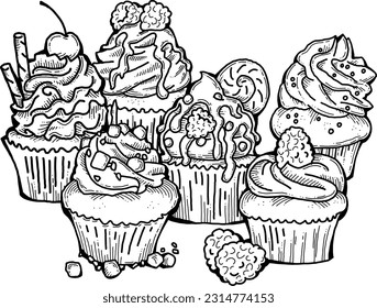 Sweet tasty dessert cupcake with cream and deco for morning breakfast in café or restaurant. Mini birthday cake for pleasure. Hand drawn retro vintage colorful vector illustration. Old style drawing.