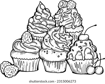 Sweet tasty dessert cupcake with cream and deco for morning breakfast in café or restaurant. Mini birthday cake for pleasure. Hand drawn retro vintage colorful vector illustration. Old style drawing.
