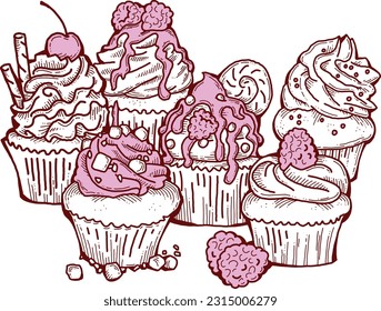 Sweet tasty dessert cupcake with cream and deco for morning breakfast in café or restaurant. Mini birthday cake for pleasure. Hand drawn retro vintage colorful vector illustration. Old style drawing.