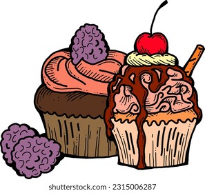 Sweet tasty dessert cupcake with cream and deco for morning breakfast in café or restaurant. Mini birthday cake for pleasure. Hand drawn retro vintage colorful vector illustration. Old style drawing.