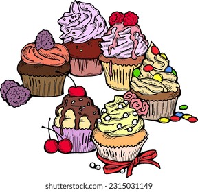 Sweet tasty dessert cupcake with cream and deco for morning breakfast in café or restaurant. Mini birthday cake for pleasure. Hand drawn retro vintage colorful vector illustration. Old style drawing.