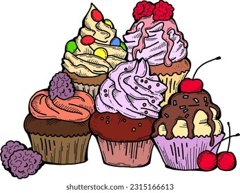 Sweet tasty dessert cupcake with cream and deco for morning breakfast in café or restaurant. Mini birthday cake for pleasure. Hand drawn retro vintage colorful vector illustration. Old style drawing.