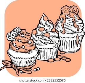 Sweet tasty dessert cupcake with cream and deco for morning breakfast in café or restaurant. Mini birthday cake for pleasure. Hand drawn retro vintage colorful vector illustration. Old style drawing.