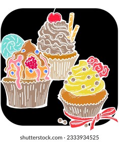 Sweet tasty dessert cupcake with cream and deco for morning breakfast in café or restaurant. Mini birthday cake for pleasure. Hand drawn retro vintage colorful vector illustration. Old style drawing.