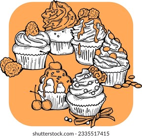 Sweet tasty dessert cupcake with cream and deco for morning breakfast in café or restaurant. Mini birthday cake for pleasure. Hand drawn retro vintage colorful vector illustration. Old style drawing.