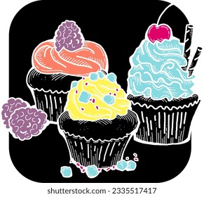 Sweet tasty dessert cupcake with cream and deco for morning breakfast in café or restaurant. Mini birthday cake for pleasure. Hand drawn retro vintage colorful vector illustration. Old style drawing.