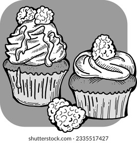 Sweet tasty dessert cupcake with cream and deco for morning breakfast in café or restaurant. Mini birthday cake for pleasure. Hand drawn retro vintage colorful vector illustration. Old style drawing.