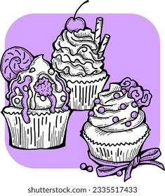 Sweet tasty dessert cupcake with cream and deco for morning breakfast in café or restaurant. Mini birthday cake for pleasure. Hand drawn retro vintage colorful vector illustration. Old style drawing.
