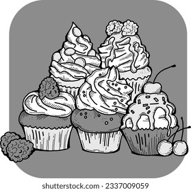 Sweet tasty dessert cupcake with cream and deco for morning breakfast in café or restaurant. Mini birthday cake for pleasure. Hand drawn retro vintage colorful vector illustration. Old style drawing.