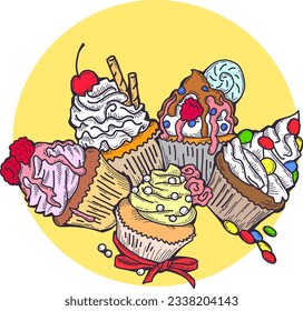 Sweet tasty dessert cupcake with cream and deco for morning breakfast in café or restaurant. Mini birthday cake for pleasure. Hand drawn retro vintage colorful vector illustration. Old style drawing.