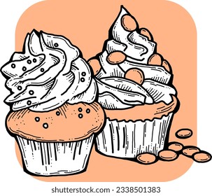 Sweet tasty dessert cupcake with cream and deco for morning breakfast in café or restaurant. Mini birthday cake for pleasure. Hand drawn retro vintage colorful vector illustration. Old style drawing.