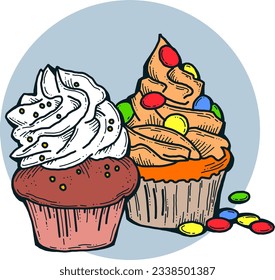 Sweet tasty dessert cupcake with cream and deco for morning breakfast in café or restaurant. Mini birthday cake for pleasure. Hand drawn retro vintage colorful vector illustration. Old style drawing.