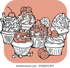 Sweet tasty dessert cupcake with cream and deco for morning breakfast in café or restaurant. Mini birthday cake for pleasure. Hand drawn retro vintage colorful vector illustration. Old style drawing.