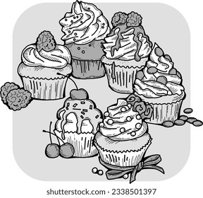 Sweet tasty dessert cupcake with cream and deco for morning breakfast in café or restaurant. Mini birthday cake for pleasure. Hand drawn retro vintage colorful vector illustration. Old style drawing.