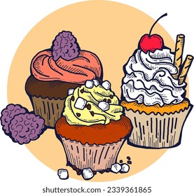 Sweet tasty dessert cupcake with cream and deco for morning breakfast in café or restaurant. Mini birthday cake for pleasure. Hand drawn retro vintage colorful vector illustration. Old style drawing.