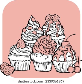 Sweet tasty dessert cupcake with cream and deco for morning breakfast in café or restaurant. Mini birthday cake for pleasure. Hand drawn retro vintage colorful vector illustration. Old style drawing.