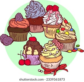 Sweet tasty dessert cupcake with cream and deco for morning breakfast in café or restaurant. Mini birthday cake for pleasure. Hand drawn retro vintage colorful vector illustration. Old style drawing.