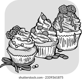 Sweet tasty dessert cupcake with cream and deco for morning breakfast in café or restaurant. Mini birthday cake for pleasure. Hand drawn retro vintage colorful vector illustration. Old style drawing.