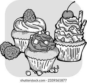 Sweet tasty dessert cupcake with cream and deco for morning breakfast in café or restaurant. Mini birthday cake for pleasure. Hand drawn retro vintage colorful vector illustration. Old style drawing.