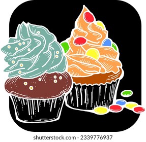 Sweet tasty dessert cupcake with cream and deco for morning breakfast in café or restaurant. Mini birthday cake for pleasure. Hand drawn retro vintage colorful vector illustration. Old style drawing.