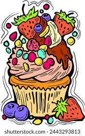 Sweet tasty dessert cupcake with cream and deco for morning breakfast in café or restaurant. Mini birthday cake for pleasure. Hand drawn retro vintage colorful vector illustration. Old style drawing.