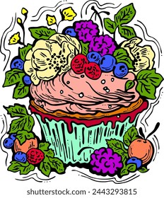 Sweet tasty dessert cupcake with cream and deco for morning breakfast in café or restaurant. Mini birthday cake for pleasure. Hand drawn retro vintage colorful vector illustration. Old style drawing.