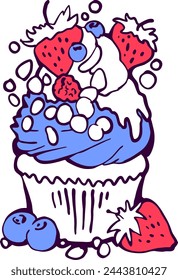 Sweet tasty dessert cupcake with cream and deco for morning breakfast in café or restaurant. Mini birthday cake for pleasure. Hand drawn retro vintage colorful vector illustration. Old style drawing.