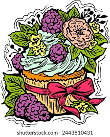 Sweet tasty dessert cupcake with cream and deco for morning breakfast in café or restaurant. Mini birthday cake for pleasure. Hand drawn retro vintage colorful vector illustration. Old style drawing.