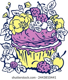 Sweet tasty dessert cupcake with cream and deco for morning breakfast in café or restaurant. Mini birthday cake for pleasure. Hand drawn retro vintage colorful vector illustration. Old style drawing.