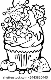 Sweet tasty dessert cupcake with cream and deco for morning breakfast in café or restaurant. Mini birthday cake for pleasure. Hand drawn retro vintage colorful vector illustration. Old style drawing.