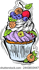 Sweet tasty dessert cupcake with cream and deco for morning breakfast in café or restaurant. Mini birthday cake for pleasure. Hand drawn retro vintage colorful vector illustration. Old style drawing.