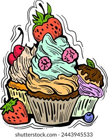 Sweet tasty dessert cupcake with cream and deco for morning breakfast in café or restaurant. Mini birthday cake for pleasure. Hand drawn retro vintage colorful vector illustration. Old style drawing.