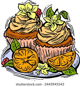 Sweet tasty dessert cupcake with cream and deco for morning breakfast in café or restaurant. Mini birthday cake for pleasure. Hand drawn retro vintage colorful vector illustration. Old style drawing.