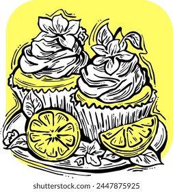 Sweet tasty dessert cupcake with cream and deco for morning breakfast in café or restaurant. Mini birthday cake for pleasure. Hand drawn retro vintage colorful vector illustration. Old style drawing.