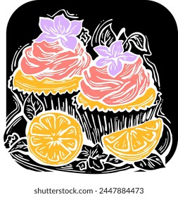 Sweet tasty dessert cupcake with cream and deco for morning breakfast in café or restaurant. Mini birthday cake for pleasure. Hand drawn retro vintage colorful vector illustration. Old style drawing.