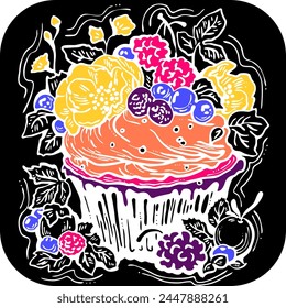 Sweet tasty dessert cupcake with cream and deco for morning breakfast in café or restaurant. Mini birthday cake for pleasure. Hand drawn retro vintage colorful vector illustration. Old style drawing.