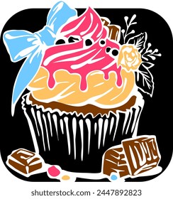 Sweet tasty dessert cupcake with cream and deco for morning breakfast in café or restaurant. Mini birthday cake for pleasure. Hand drawn retro vintage colorful vector illustration. Old style drawing.