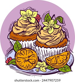 Sweet tasty dessert cupcake with cream and deco for morning breakfast in café or restaurant. Mini birthday cake for pleasure. Hand drawn retro vintage colorful vector illustration. Old style drawing.