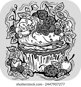 Sweet tasty dessert cupcake with cream and deco for morning breakfast in café or restaurant. Mini birthday cake for pleasure. Hand drawn retro vintage colorful vector illustration. Old style drawing.