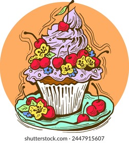 Sweet tasty dessert cupcake with cream and deco for morning breakfast in café or restaurant. Mini birthday cake for pleasure. Hand drawn retro vintage colorful vector illustration. Old style drawing.