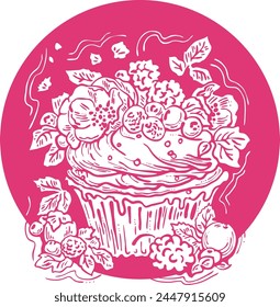 Sweet tasty dessert cupcake with cream and deco for morning breakfast in café or restaurant. Mini birthday cake for pleasure. Hand drawn retro vintage colorful vector illustration. Old style drawing.