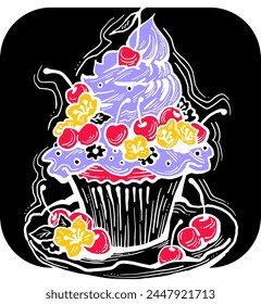 Sweet tasty dessert cupcake with cream and deco for morning breakfast in café or restaurant. Mini birthday cake for pleasure. Hand drawn retro vintage colorful vector illustration. Old style drawing.