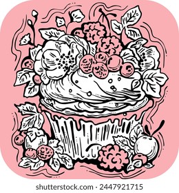 Sweet tasty dessert cupcake with cream and deco for morning breakfast in café or restaurant. Mini birthday cake for pleasure. Hand drawn retro vintage colorful vector illustration. Old style drawing.