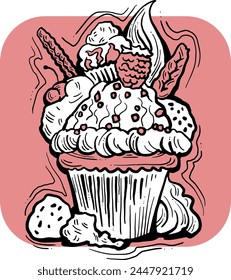 Sweet tasty dessert cupcake with cream and deco for morning breakfast in café or restaurant. Mini birthday cake for pleasure. Hand drawn retro vintage colorful vector illustration. Old style drawing.