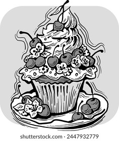 Sweet tasty dessert cupcake with cream and deco for morning breakfast in café or restaurant. Mini birthday cake for pleasure. Hand drawn retro vintage colorful vector illustration. Old style drawing.