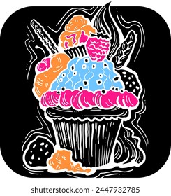 Sweet tasty dessert cupcake with cream and deco for morning breakfast in café or restaurant. Mini birthday cake for pleasure. Hand drawn retro vintage colorful vector illustration. Old style drawing.